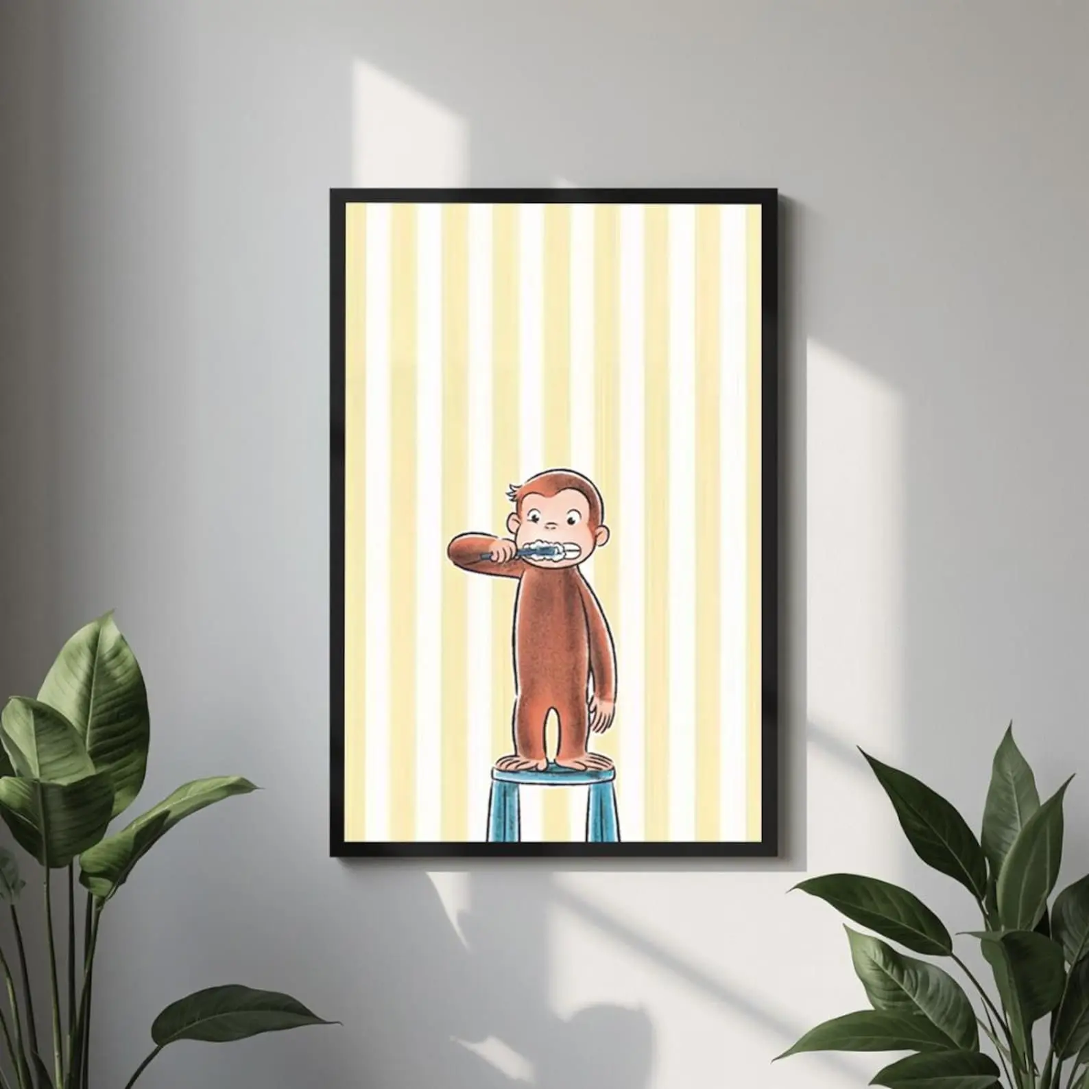 Curious George Poster, Toothbrush Monkey Wall Art, Yellow Striped Nursery Print, Kids Bathroom Bedroom Decor, Storybook Gift Wall Poster Art
