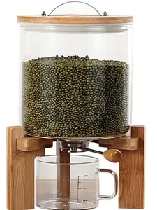 Airtight Glass Dry Food Storage Container Cereal Rice Dispenser w/Bamboo Lids & Cup & Stand (5L)
