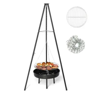 Campfire Tripod Grill, Adjustable Height BBQ Grill Grate with Fire Bowl for Outdoor Camping BBQ, Black