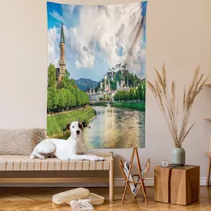 European Tapestry, Historic Print European of Salzburg Land with Cloudy Sky and River in Austria, Wall Hanging for Bedroom Living Room Dorm Decor, 40" X 60", Multicolor