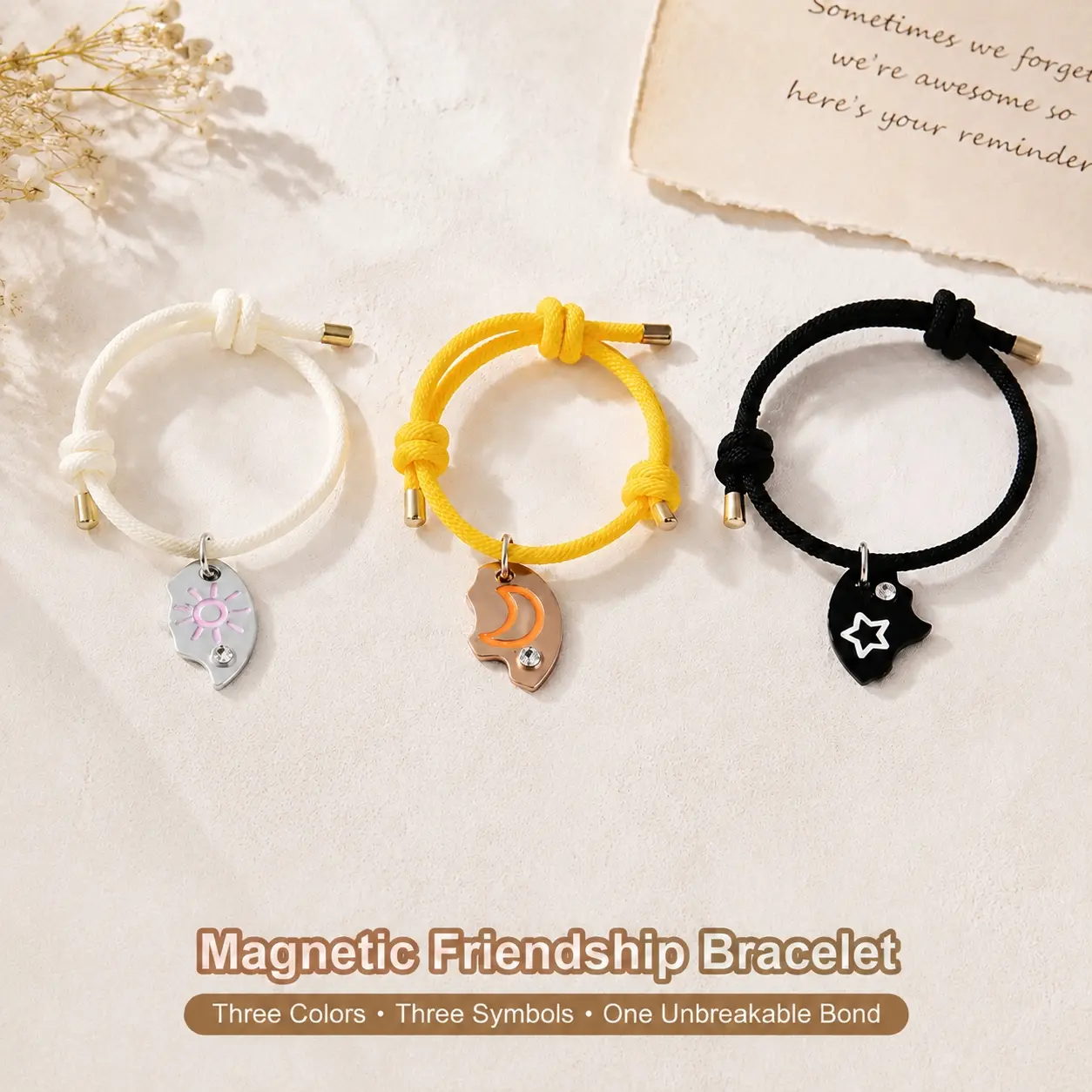 BFF Bracelets for 3 Girls, Matching Sun Moon Star Cloud Magnetic Puzzle Bracelets, Friendship Gifts for Besties,Adjustable Fit