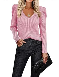 Fall Sweaters for Women 2025 Casual Long Sleeve V Neck Pullover Puff Slim Fit Tops Basic Minimalist Knitwear