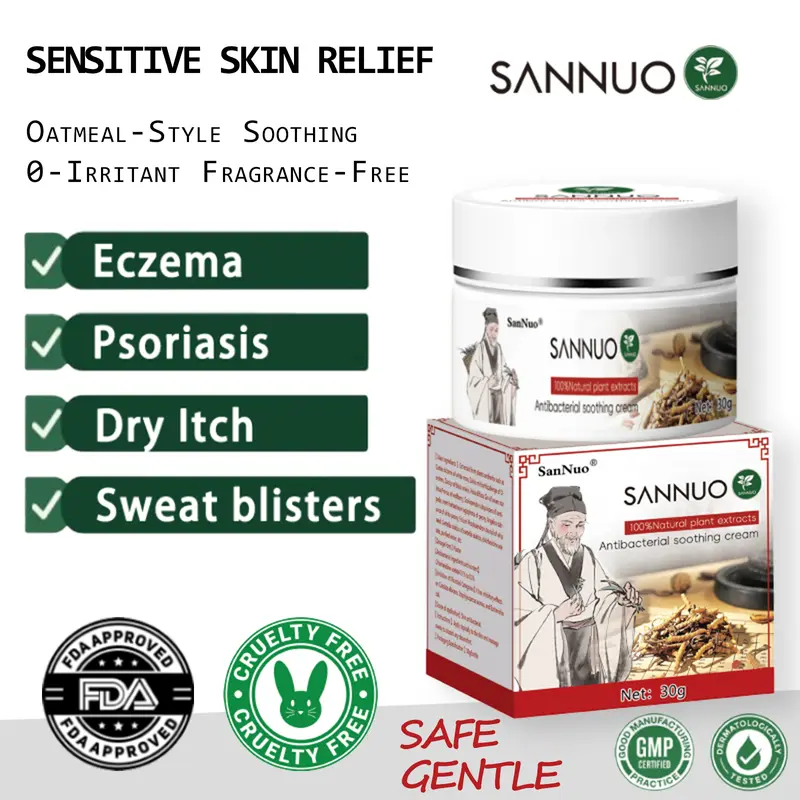 SanNuo Herbal Calming Antimicrobial Cream - Sensitive Skin Soothing Gentle Moisturizer for Eczema Flare-Ups, Jock Itch, Dry Itchy Skin | Fragrance-Free Mild Formula, Hypoallergenic Non-Greasy, Full Body Use for Legs, Hands, Groin, Body Care