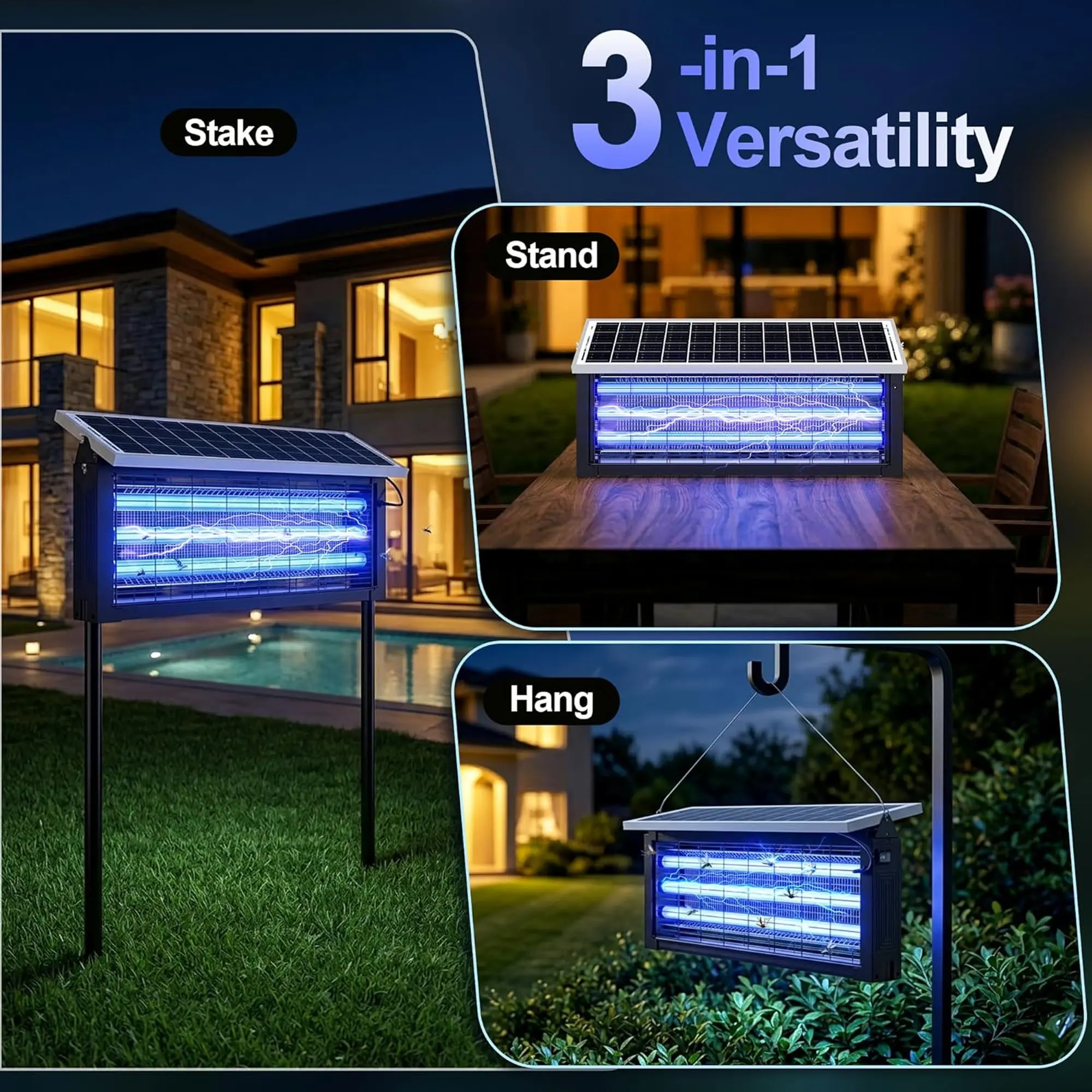 Solar Outdoor Mosquito Elimination Lamp - Cordless Solar Self-Charging Dual-Use Household Appliance, 3 LED Strips for Tiny Flying Insect Attraction, Suspended/Vertical Installation, Ideal for Courtyards/Gates Lighting, Solar Outdoor Lights, Compact