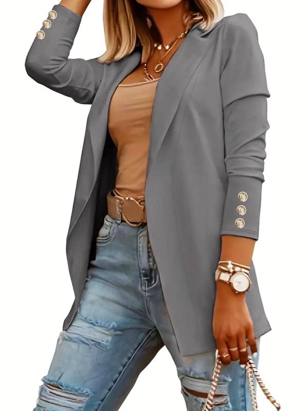 Women's Solid Button Lapel Neck Open Front Blazer, Casual Long Sleeve Outerwear for Spring & Fall, Ladies Clothes for Work Office Business