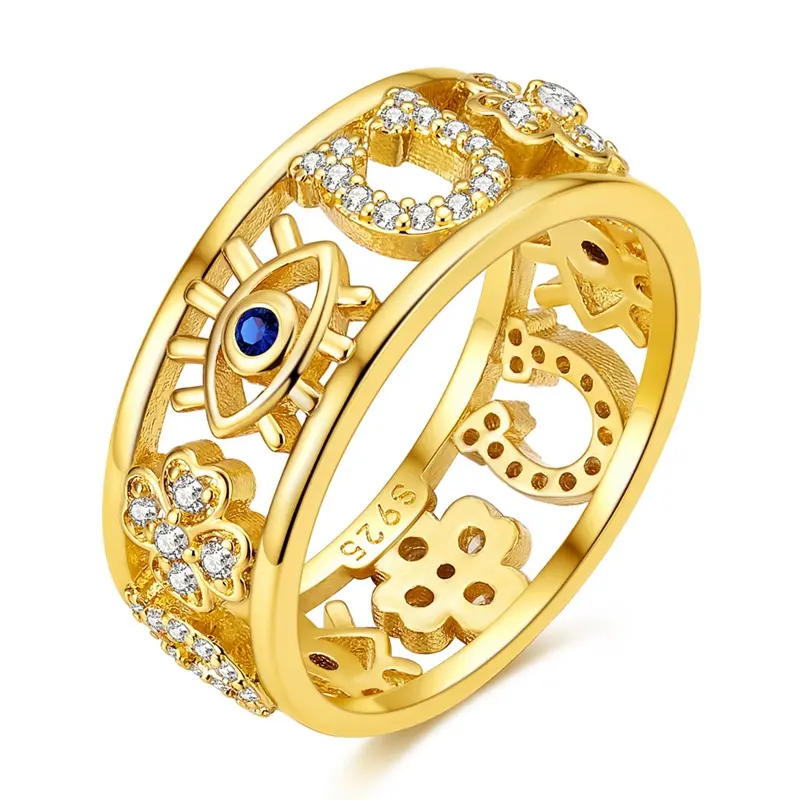 MULA 14K Gold Plated Good Luck Ring for Women – 925 Sterling Silver Evil Eye, Horseshoe & Four-Leaf Clover Wide Band, Boho Protection Amulet Talisman Jewelry Gifts with Blue Zirconia
