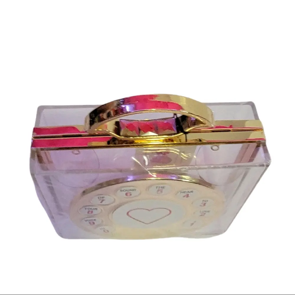 Women's Acrylic Telephone Bag with Heart Design and Gold Trim Accents