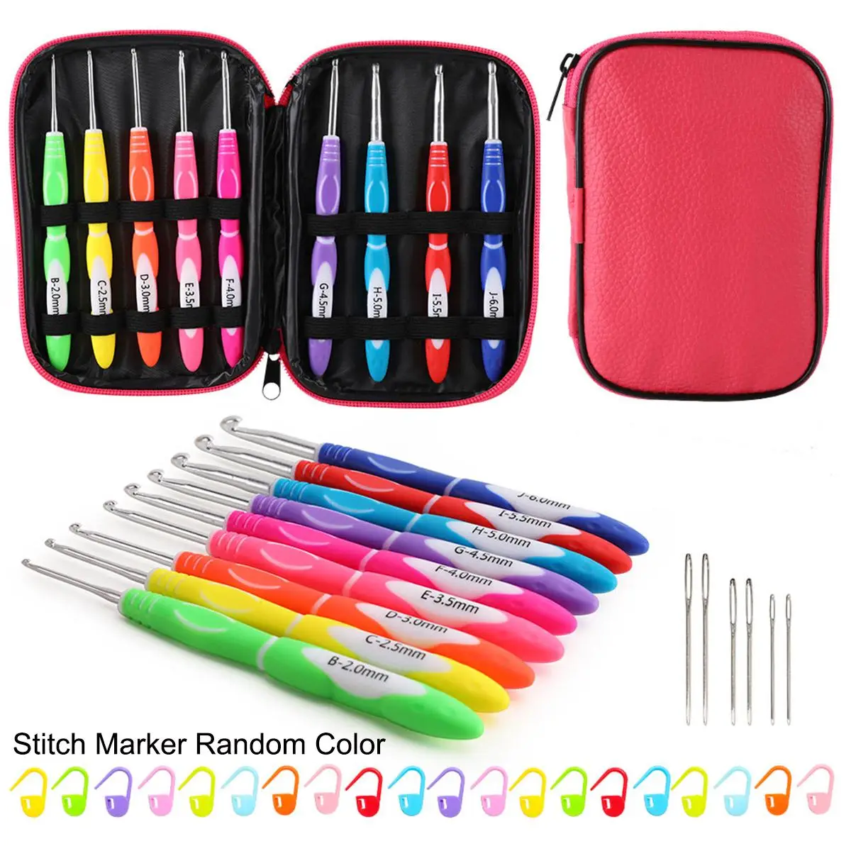 Crochet Set, 36pcs/set Multi-color Rubber Grip Knitting Needles with Storage Box & Crochet Accessories & Random Color Marking Needle, Durable Crochet