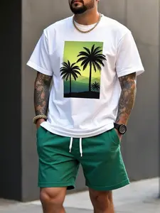 Men's Tropical Palm Tree Gradient Green And Yellow Printed T-Shirt-Loose Short-Sleeved T-Shirt, Loose Round Neck Summer Shirt, Palm Tree Silhouette And Gradient Design, Suitable For Beach Vacation And Independence Day
