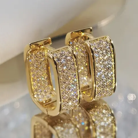Geometric Rectangle Design Hoop Earrings, Double Sided Inlaid Rhinestone Decorative Hoop Earrings, Shiny Fashion Personalized Accessories, Wedding Anniversary Party Holiday Jewelry Gifts for Women