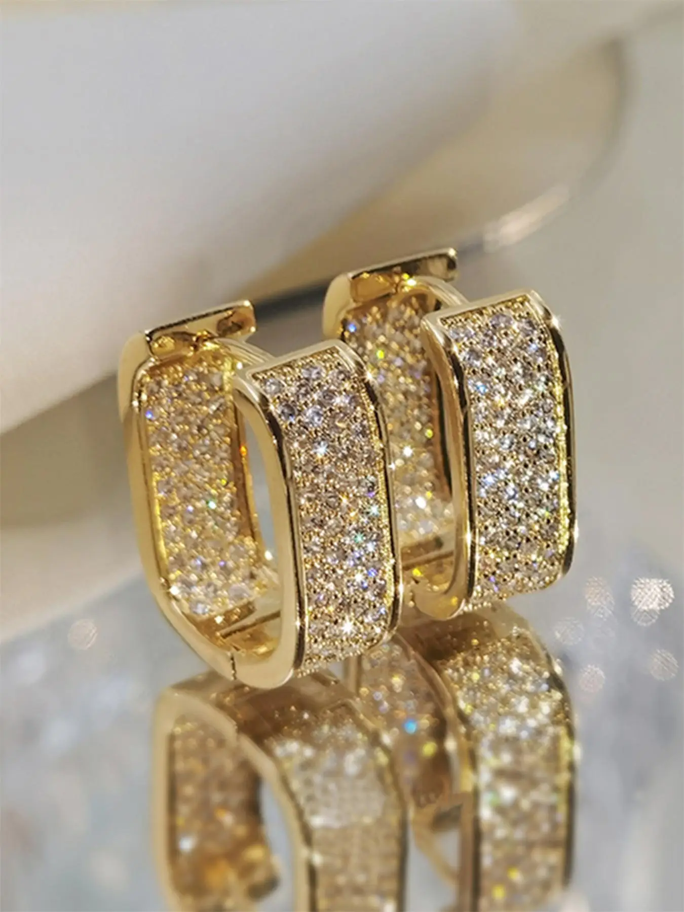 Geometric Rectangle Design Hoop Earrings, Double Sided Inlaid Rhinestone Decorative Hoop Earrings, Shiny Fashion Personalized Accessories, Wedding Ann