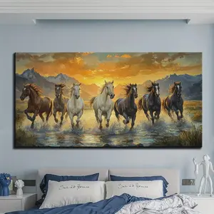 Elegant Feng Shui Seven horse canvas wall art with pine frame - waterproof,  thick horse decoration for sunset scenes Luxury Office & Living Room Decor
