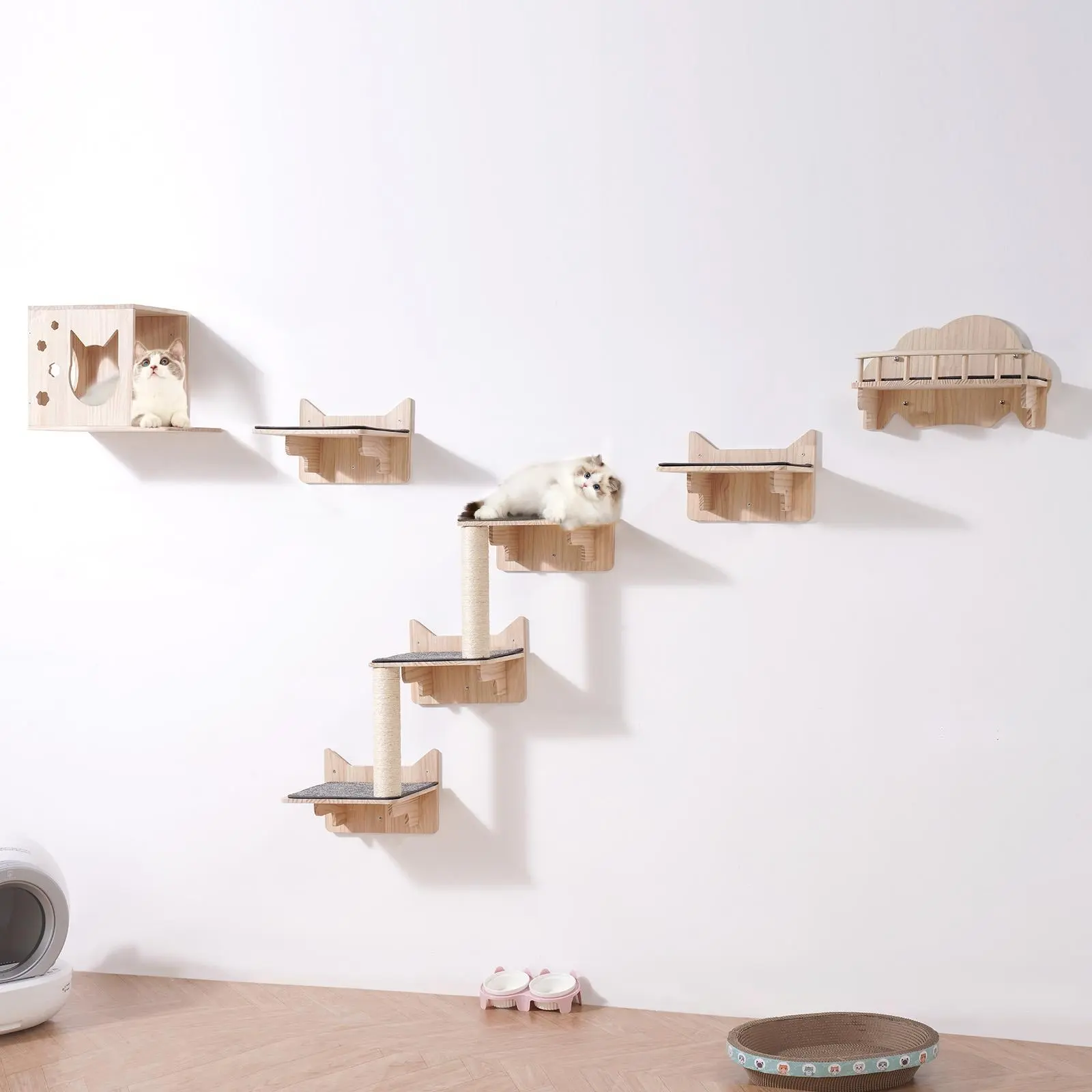 VEVOR Wall Mounted Cat Shelves,  , Cat Wall Shelves and Perches with Jumping Boards, Nest, Barrier Board & Cat Tree, Cat Floating Furniture up to 40 lbs for Sleeping, Playing, Climbing, Set of 5#BacktoSchool