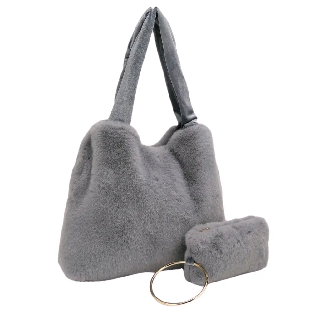 Puffy Women's Handbag - Soft Gray Fabric with Adjustable Strap and Keyring Attachment