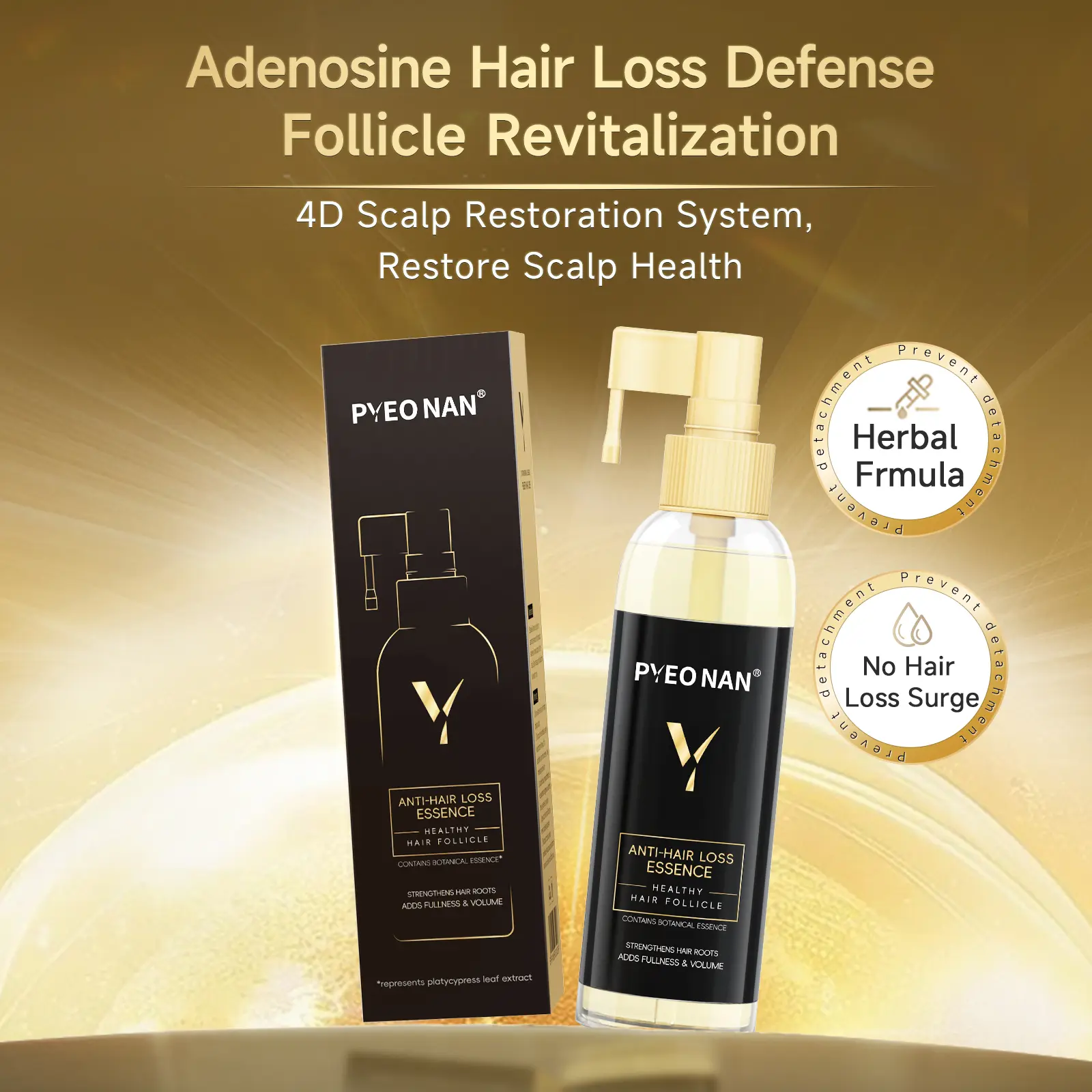 PYEONAN Anti-Hair Loss Essence contains botanical essence Help Hair Growth  with Adenosine, Ginseng Root, Platycladus & Herbs Organic Essential Oil  Polygonum multiflorum,10% Caffeine, Sea Buckthorn Oil for Haircare Daily Repairing 4.0 fl.Oz. / 120ml