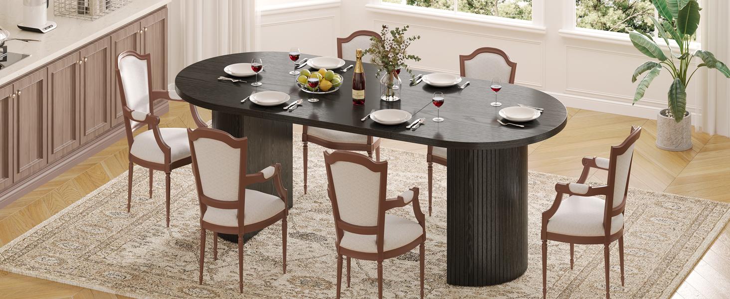 ONBRILL 70.8 Inch Dining Table for 4-6, Oval Dining Room Table with Curved Fluted Wood Strip Base, Mid-Century Modern Kitchen Tables with Footpads, Dinner Tables for Living Room, Dining Room