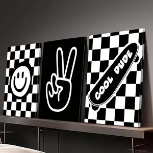 2D Flat, 2D Flat, Set of 3 Posters Featuring 2D Flat Designs for Boys, Showcasing a Retro Black And White Checkered Backdrop with a Smiling Face, Peace Sign, Lightning Bolts
