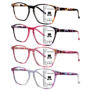 4-Pack Fashionable Progressive Multifocal Blue Light Blocking Reading Glasses Featuring spring hinges and triple-adjustable vision zones, designed specifically for women. Stylish accessory with classic patterned temples—the perfect holiday gift choice.