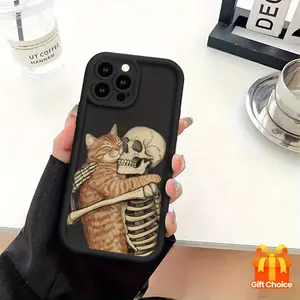 Protect Your Phone Soft Phone Case with Skeleton Hugging Cat Pattern UV Printing Matte Phone Cover 360 Degree Full Protection for iPhone 17 Air 17Pro Max 17Pro 11 12 13 14 15 16 Pro Max XR X/ XS 7 Plus, High-quality Gift for iP Suitable for Samsung S24 FE