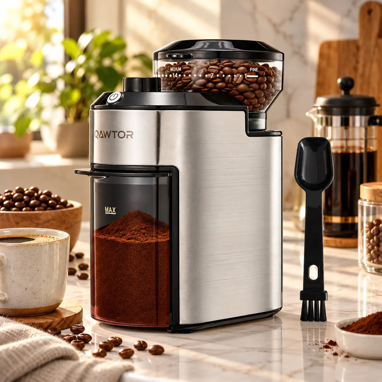 Electric Burr Coffee Grinder 4.0 — Features 28 grind settings, precise timer control, and a detachable grounds container; an essential tool for home espresso enthusiasts and a must-have coffee brewing accessory.