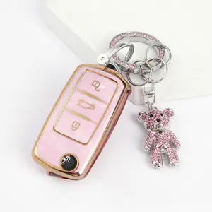 Car Key Case, Car Key Protector with Bear Shaped Keychain, Soft TPU Car Key Case for Bora Sagitar Tiguan and Car Key