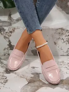 Women's Fashion Round Toe Loafers, Comfortable Lightweight Casual Flat Shoes, Mirror Finish, Large Size, Plain Color, All Seasons, Walking Shoes, Low Top Loafers
