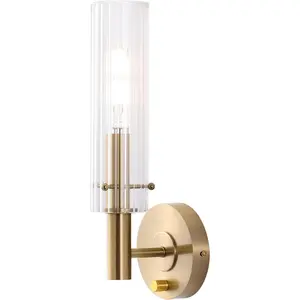 Modern Wall Sconces with Dimmer ON/Off Switch Gold Brushed Brass Bathroom Vanity Light Fixtures Striped Clear Glass Shades Indoor Wall Light for Mirror Living Room Bedroom Hallway Staircase