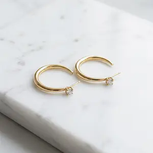Women's Diamond-Accented C-Hoop Earrings, 14K Gold/Silver Plated Hypoallergenic Brass Hoops, Tarnish-Resistant Everyday Statement Costume Jewelry outdoorfun