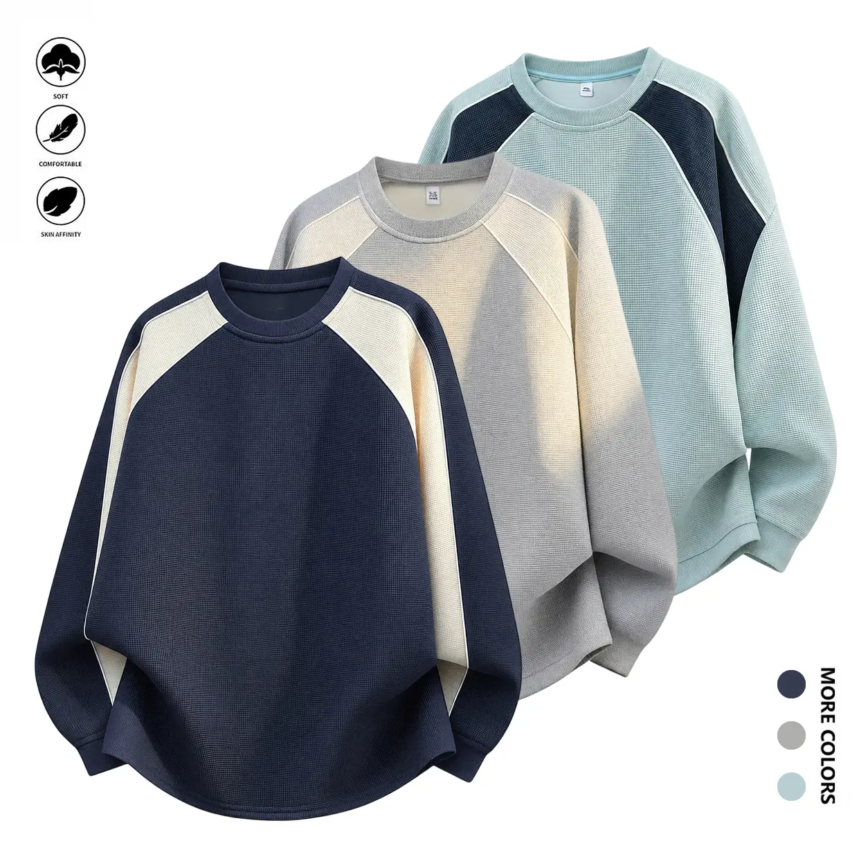 Menswear Unisex Waffle-Knit Color-Block Fabric Pullover - Relaxed Fit Crewneck Long-Sleeve Loose Jumper with Contrasting Shoulder Panels, Casual Fashion Knitwear for Everyday Wear