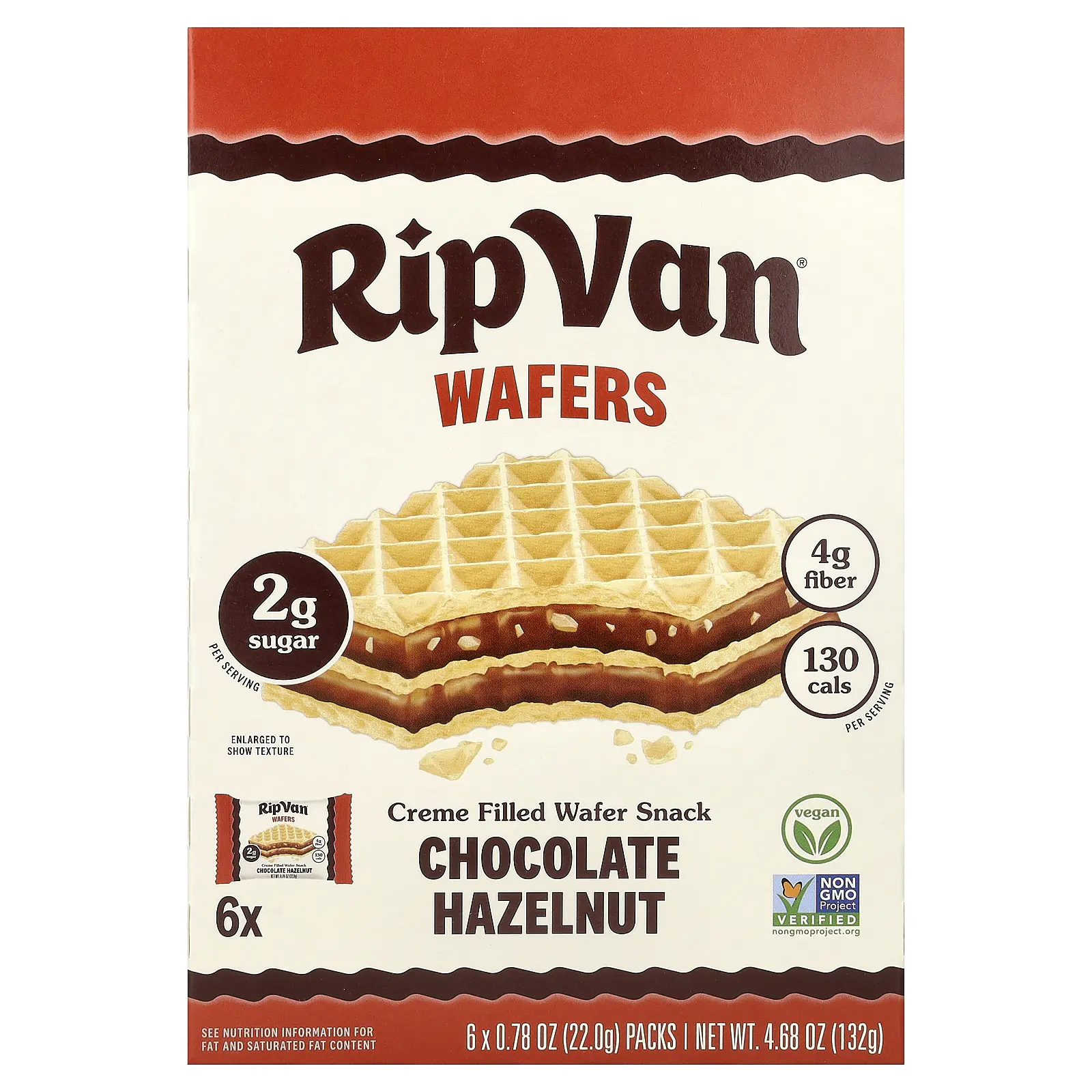Rip Van Wafels Creme Filled Wafer Snack, Chocolate Hazelnut, 6 Pack, 0.78 oz (22 g) Each