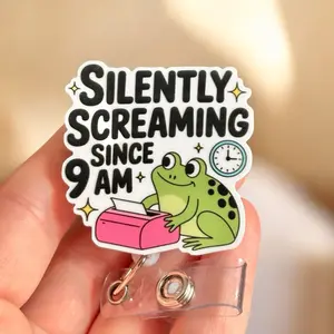 Glitter My Badge Frog silently screaming since 9am badge reel for nurse and hospital workers. Badge clip Badge pull - Retractable swivel clip with a 360 rotation. Great gift for coworker