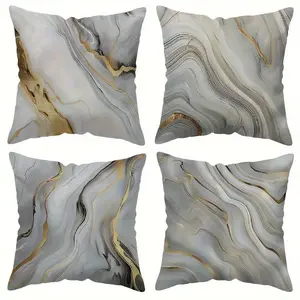 4PC, 2D flat printing, single-sided printing, multiple sizes. Grey and Gold Marble Pattern Linen Pillowcase Set Made of polyester fiber, machine washable. Suitable for indoor and outdoor decoration (pillow insert not included, not embroidered).