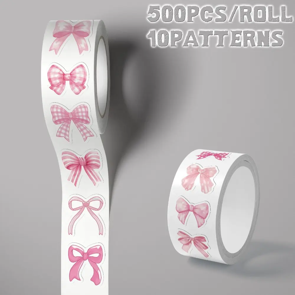 500PCS/Roll Pink Bow Aesthetic Sticker Roll, Cute Ribbon Bowknot Mini Art Decorative Stickers for Scrapbooking, Journal, Planner, Album, Gift Wrapping, Stationery Decoration & DIY Craft