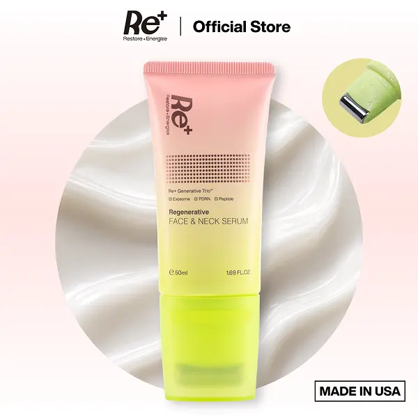 Neck Lines Smoothing & Firming Serum for Face & Neck, Soothes Redness & After-Sun, Cooling Roller, PDRN + Peptide + Exosome by Re+