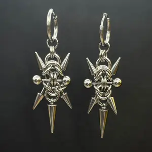 Gothic Stainless Steel Hoops Spike Piercing Long Dangle Earrings Handmade Punk y2k Chainmail Rivet Drop Earrings Rock Jewelry