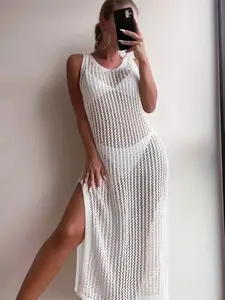 Women's Bohemian Solid Color Two-Piece Cover-Up Dress, V-Neck Semi-Transparent Hollow Out Beach Skirt, Vacation Bikini Top, Beach Swimsuit Cover