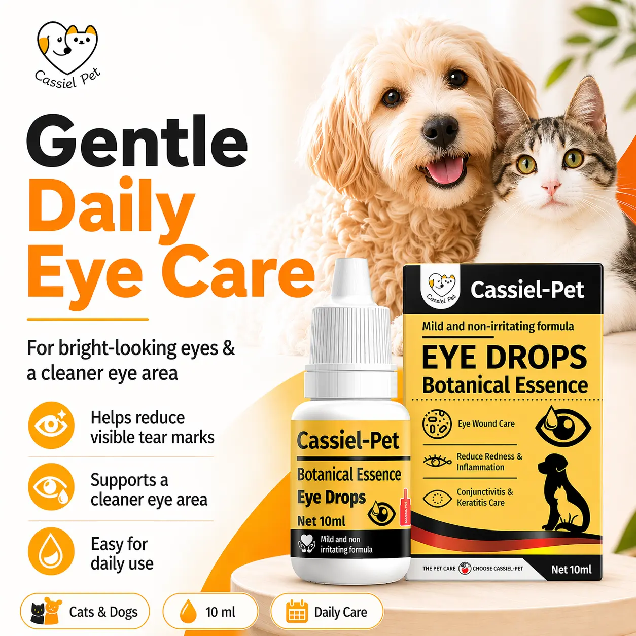 Cassiel-Pet Pet Eye Care Solution for Dogs & Cats, Daily Tear Stain Cleaning, Gentle Eye Care, Soft & Easy-to-Use