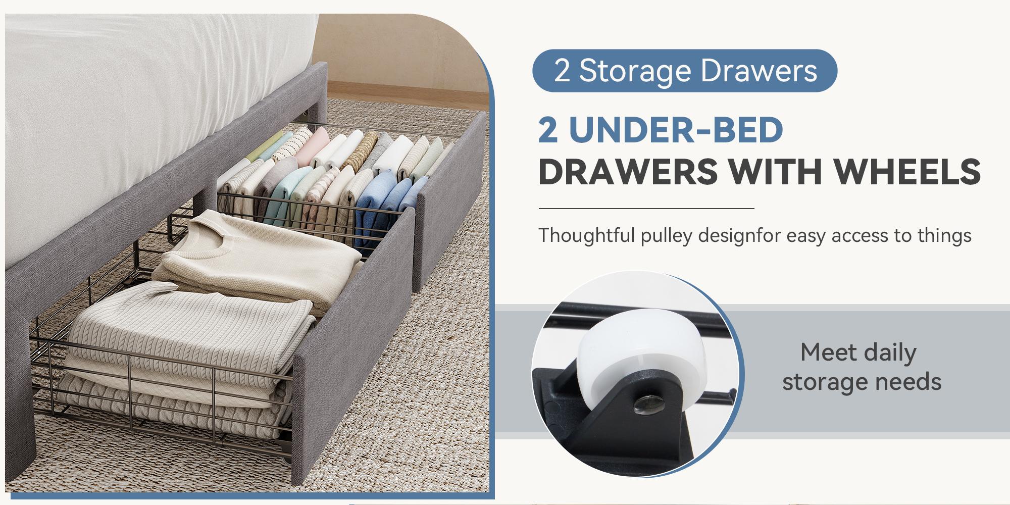 Upholstered Platform Bed Frame with Storage, Full Size Bed Frame with 2 Metal Baskets & Fabric Headboard, Wooden Slats Support, No Box Spring Needed, Easy Assembly, Bedroom Furniture Upholstered Platform Bed Frame with Storage, Full Size Bed Frame with 2 Metal Baskets & Fabric Headboard, Wooden Slats Support, No Box Spring Needed, Easy Assembly, Bedroom Furniture