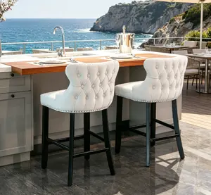 Contemporary Velvet Upholstered Wing-Back Bar Stools with Button Tufted Decoration Wooden Legs Chrome Nailhead Trim Set of 2 Luxurious Ergonomic Design