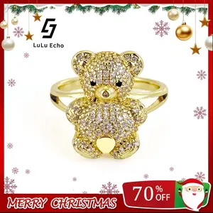 LuLuEcho XP Laminated 14KGold Plated Cluster Iced Out Rings Adorable Bear Design with Sparkling Details Versatile for Any Occasion Elegant Gift