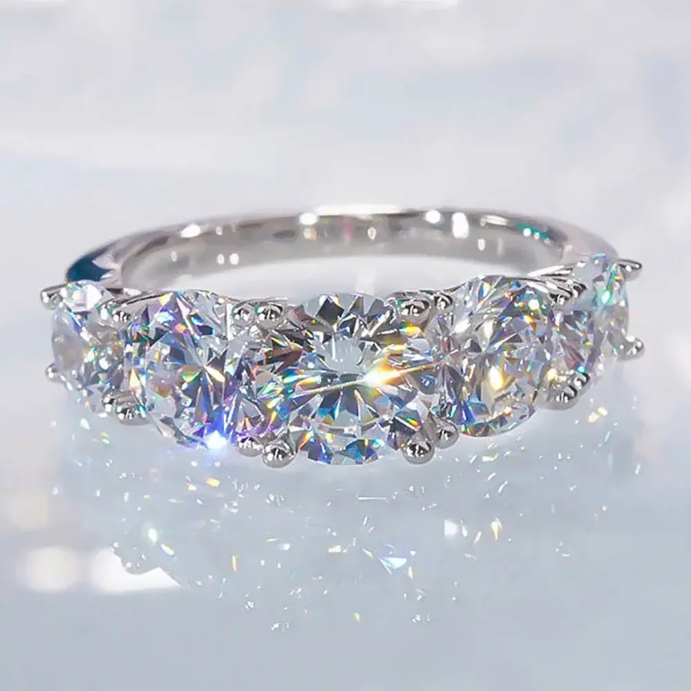 3.6ct 5-Stone Moissanite Ring for Women, D Color VVS1, 925 Sterling Silver Anniversary Wedding Jewelry