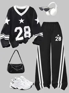 Girls' Fashion Set, Y2K Street Style, Number and Letter Print, Long Sleeve T-Shirt and Wide Leg Pants, Summer and Fall Wear, Ages 10-12, Clothes