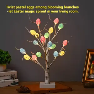 Traditional Easter Decorations - 22-in Pre-lit White Birch Tree with 24 LED Lights (Battery & USB Plug Powered), 24 Easter Egg Ornaments, Indoor Table Centerpiece for Home Party Spring Decor, Sold by Buchixc with Free Returns, Powered By Usb Plug