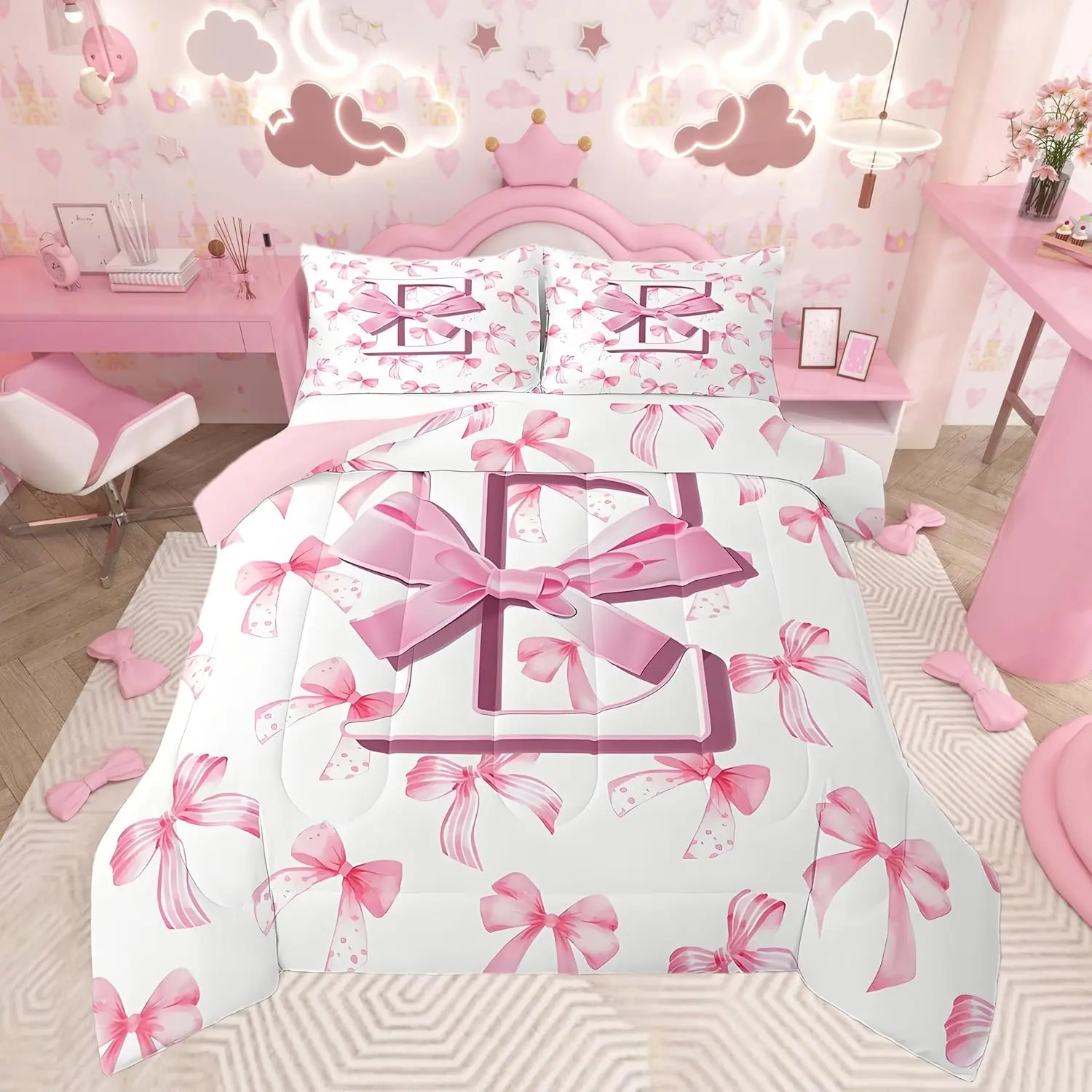 Feelyou Monogrammed Pink Bedding Set - Personalized Initial E Breathable Geometric Microfiber Duvet, Digital Print Coquette Design, Machine Washable Multi-Size Bedspread Sets for Modern Room Decor