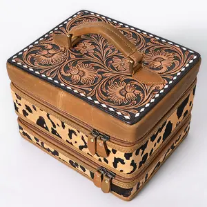 American Darling Hair-On Cowhide Hand Tooled Floral Carved Leather Jewelry Case Genuine Western Leather with YKK Zipper