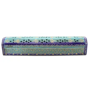 12 in. Blue Hand-Painted Wood Incense Coffin Box