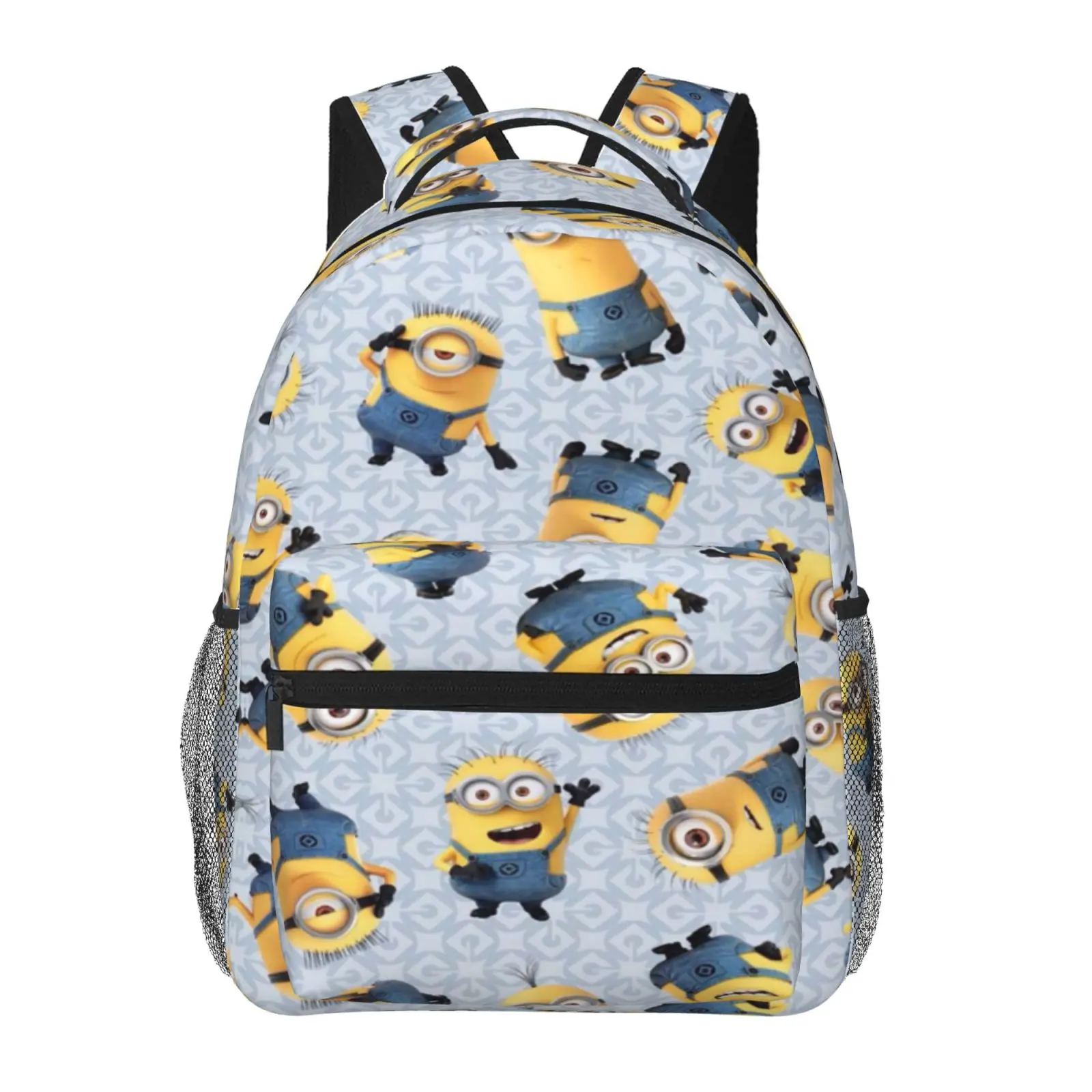 Kids Minions All-Over Playful Poses Light Grey Pattern Minions Backpacks for School Large Capacity Full Print Minions Laptop Daypack for Campus Daily Commute Durable Lightweight Minions School Bag for Teens Students