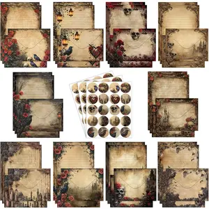 160 Pcs Stationery Paper Set 50 Double Sided Stationery Papers with 50 Matching Envelopes and 60 Round Dot Sticker, 10 Design(Gothic Style,8.25 x 5.5 Inch)