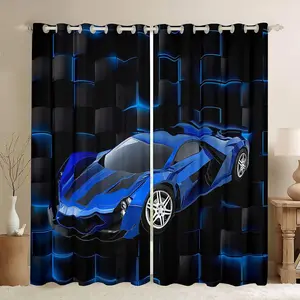 Blue Race Car Darkening Drapes,(2 Panels) Speed Sports Car Curtains,Geometric Honeycomb 30%-50% Blackout Curtains,Extreme Sports Window Treatments
