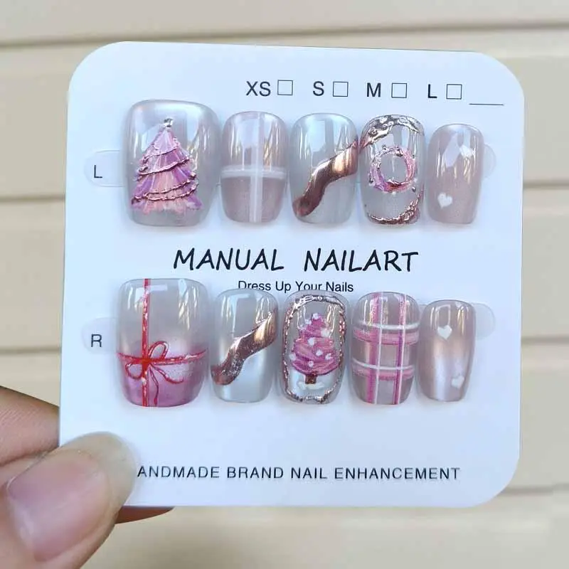 10 Pcs Cute Christmas Tree Snowflake and Santa Claus Handmade Press on Nails Short Nails Patch Detachable Fake Nail Patches